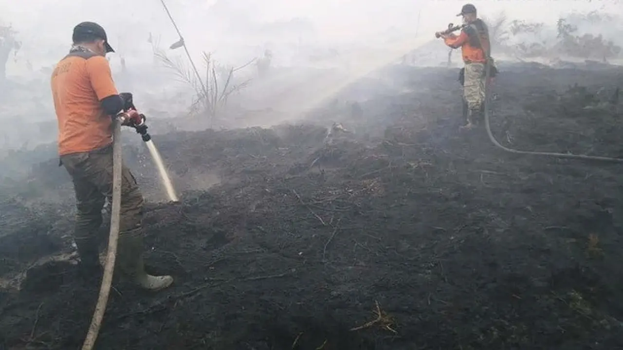 Petugas berjibaku memadamkan kebakaran lahan agar tak menimbulkan bencana kabut asap.