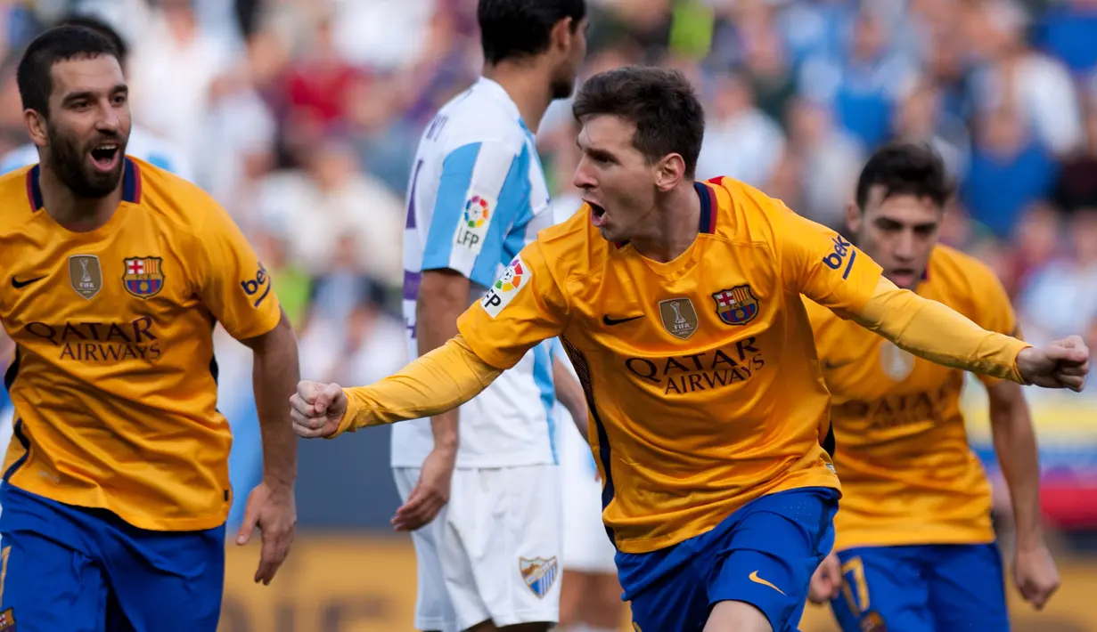 Ekspresi Lionel Messi setelah mencetak gol kedua Barcelona ke gawang Malaga dalam lanjutan La Liga Spanyol di Stadion La Rosaleda, Malaga, Sabtu (23/1/2016). (AFP/Jorge Guerrero)