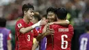 Gelandang Korea Selatan, Hwang In-beom merayakan gol pertamanya di Piala Dunia 2026 bersama rekan satu timnya ketika melawan Republik Ceko di Estadio Guadalajara, Meksiko, Jumat (12/6/2026) pagi WIB. (AFP/Ulises Ruiz)