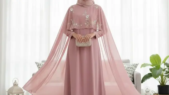 Ilustrasi Gamis Lengan Model Cape atau Overlay/Gemini AI