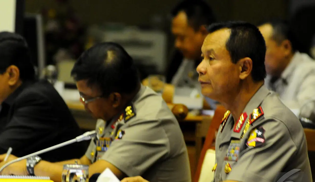 Kapolri Jenderal (Pol) Sutarman saat menghadiri rapat dengan Baleg DPR membahas RUU Kepolisian di Kompleks Parlemen, Senayan, Jakarta, Senin (15/9/2014) (Liputan6.com/Andrian M Tunay)