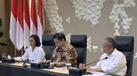 Menteri Keuangan (Menkeu) Sri Mulyani Indrawati  dalam konferensi pers, di Kantor Kemenko Perekonomian, Jakarta, Senin (6/11/2023). Salah satunya membahas pertumbuhan ekonomi Indonesia.
