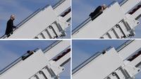Kombinasi gambar pada 19 Maret 2021 menunjukkan Presiden AS Joe Biden melanjutkan langkahnya setelah tersandung saat menaiki tangga pesawat kepresidenan Air Force One di Pangkalan Udara Andrews, Maryland. Peristiwa itu terjadi ketika Biden hendak terbang menuju Atlanta, Georgia. (Eric BARADAT/AFP)
