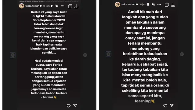 Farida Nurhan Siap Bertanggung Jawab dan Ambil Hikmah dari Masalah dengan Codeblu: Jangan Bantu Berlebihan Kalau Bukan Darah Daging. (instagram.com/farida.nurhan)