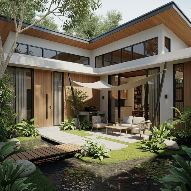 Model Rumah Kecil Tapi Luas dengan Taman di Tengah Area Rumah