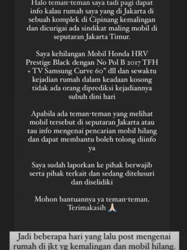 Unggahan Meryl Saragih, si pemilik rumah yang kemalingan hingga direpost oleh Salmafina Sunan (Instagram Stories)