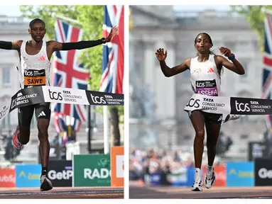 Foto kolase pelari Kenya, Sabastian Sawe (kiri) dan pelari Etiopia, Tigist Assefa saat melalui garis finis dalam ajang London Marathon 2025 di London, Inggris, Sabtu (27/04/2025) waktu setempat. (AFP/Justin Tallis)