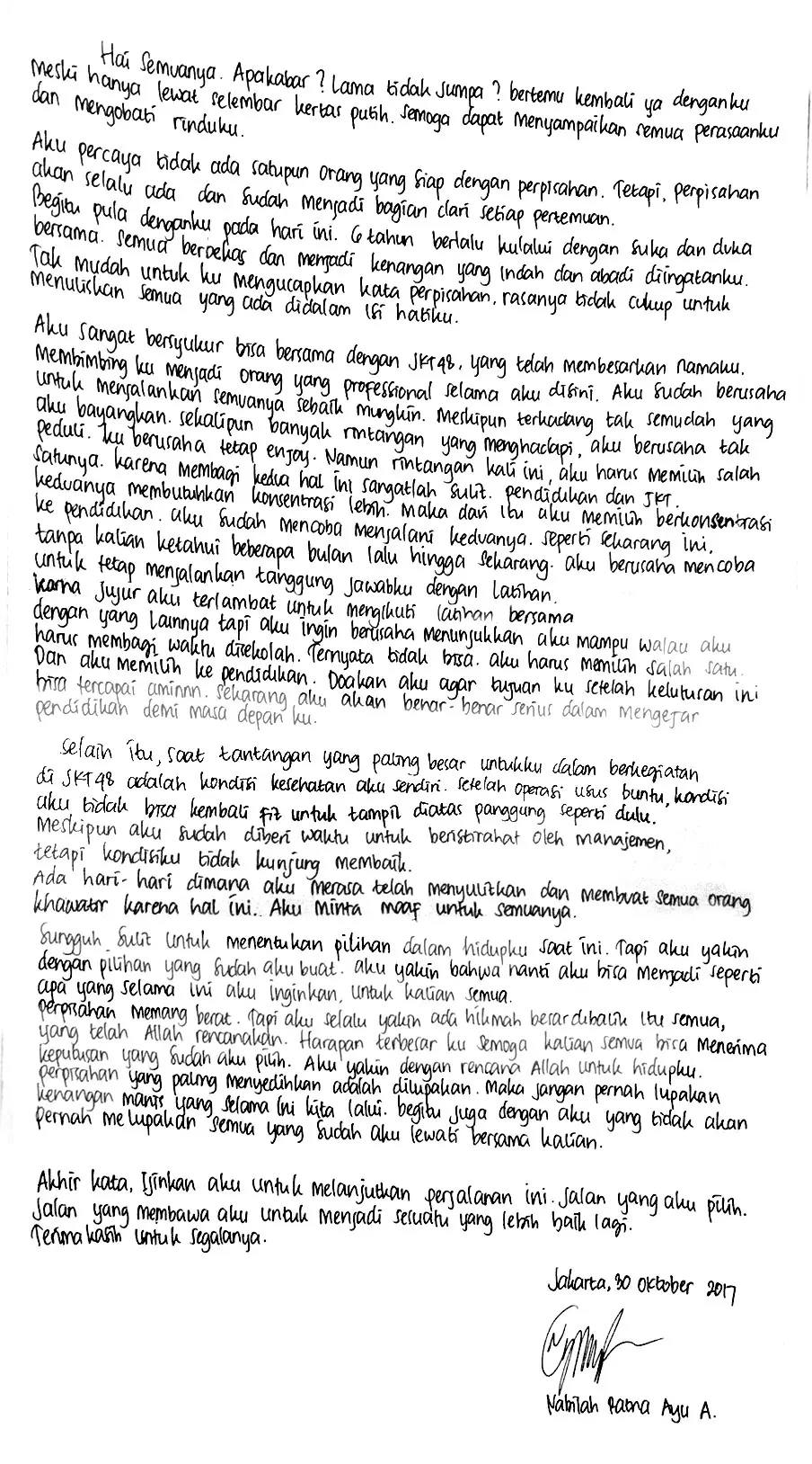 Surat dari Nabilah Ratna Ayu kepada fans saat mengumumkan keluar dari JKT48. (jkt48.com)