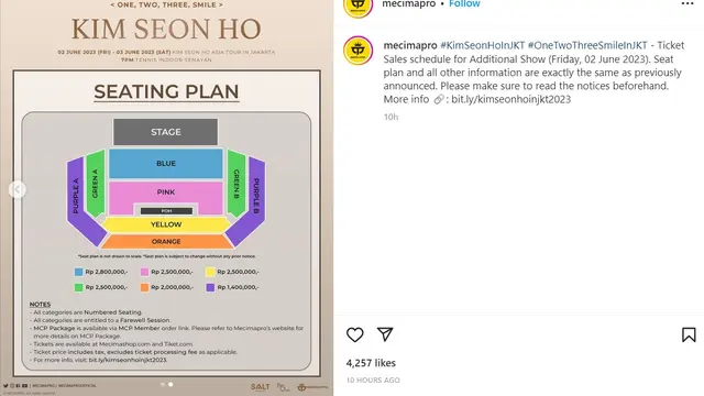 Seating plan dan harga tiket tanggal tambahan fan meeting Kim Seon Ho di Jakarta. (Instagram/ mecimapro)