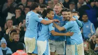 Erling Haaland mencetak gol kedua pada babak kedua, tepatnya di menit ke-51 berkat umpan Rico Lewis. Gol itu rupanya jadi penutup kemenangan Manchester City atas Young Boys. (AP Photo/Dave Thompson)