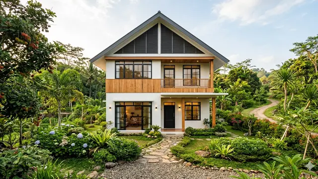 Desain Rumah Desa Atap Tinggi Agar Udara Terasa Lebih Dingin. AI