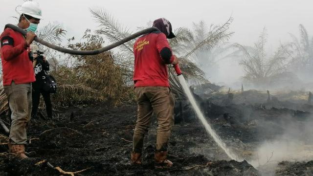 Petugas memadamkan kebakaran lahan di Kecamatan Dayun, Siak, yang disebut berada di sekitar ladang minyak.