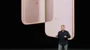 Tampilan fisik iPhone 8 saat peluncuran terbarunya di Steve Jobs Theatre, California, Selasa (12/9). Menurut rencana, keduanya akan tersedia di pasaran pada 22 September 2017 mendatang. (AP Photo/Marcio Jose Sanchez)