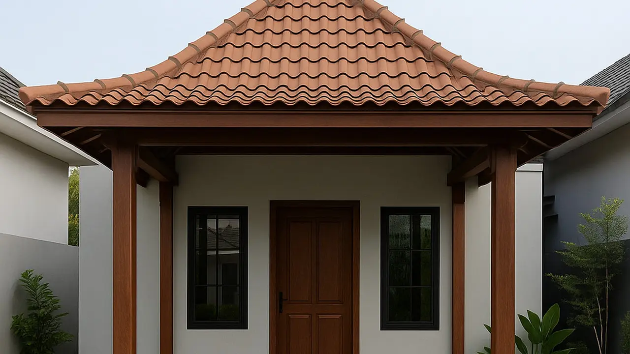 Model Teras Rumah Joglo Modern Model Tiang Kayu dan Lantai Granit/Via ChatGPT