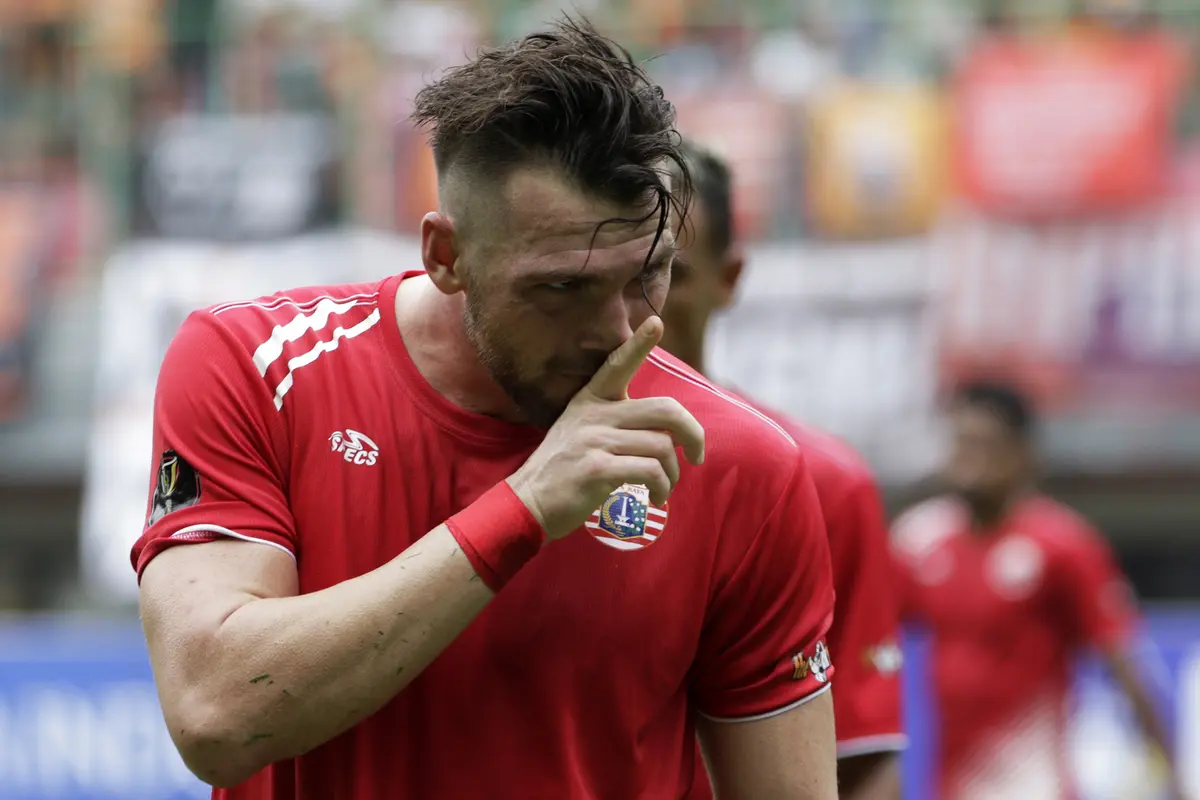 Striker Persija Jakarta, Marko Simic, merayakan gol yang dicetaknya ke gawang 757 Kepri Jaya. (Bola.com/Yoppy Renato)