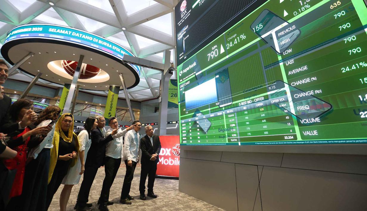 Sementara itu, mengutip data RTI, saat perdagangan perdana, harga saham SUPA dibuka langsung naik 24,41% atau 155 ke posisi Rp 790 per saham. Tampak dalam foto, Direktur Pengawasan Transaksi dan Kepatuhan Bursa Efek Indonesia (BEI), Kristian Manullang (kanan) bersama Presiden Direktur Superbank, Tigor M. Siahaan (kedua kanan) menyaksikan layar monitor yang menampilkan pencatatan perdana saham PT Super Bank Indonesia Tbk (SUPA) di Bursa Efek Indonesia (BEI), Rabu (17/12/2025). (Kapanlagi.com/Budy Santoso)