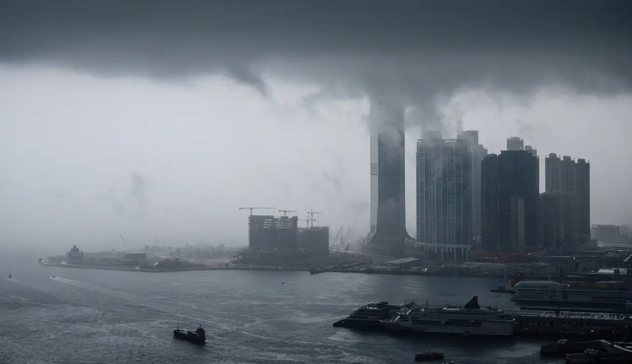 Pemandangan menunjukkan badai awan menutupi bangunan tertinggi Hong Kong, ICC (International Commerce Centre) sebelum hujan lebat, (6/3). (AFP Photo/Anthony Wallace)