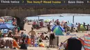 Orang-orang mencoba untuk melakukan jaga jarak ketika berjemur menikmati cuaca panas di pantai pada hari libur umum di Boscombe, Senin (25/5/2020). Inggris mulai melonggarkan beberapa pembatasan yang diberlakukan untuk mengendalikan penyebaran virus corona Covid-19. (Andrew Matthews / PA via AP)