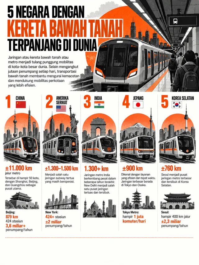 Infografis 5 Negara dengan Kereta Bawah Tanah Terpanjang di Dunia