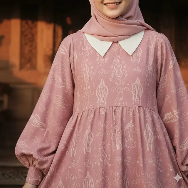 Gamis Batik Lengan Balon  Dusty Pink