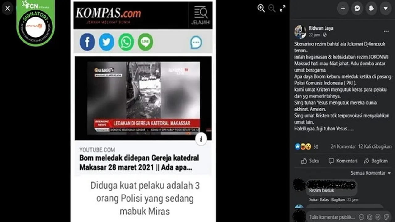 Gambar Tangkapan Layar Kabar Hoaks Pelaku Bom Gereja Katedral Makassar Tiga Polisi yang Sedang Mabuk Miras (sumber: Facebook)