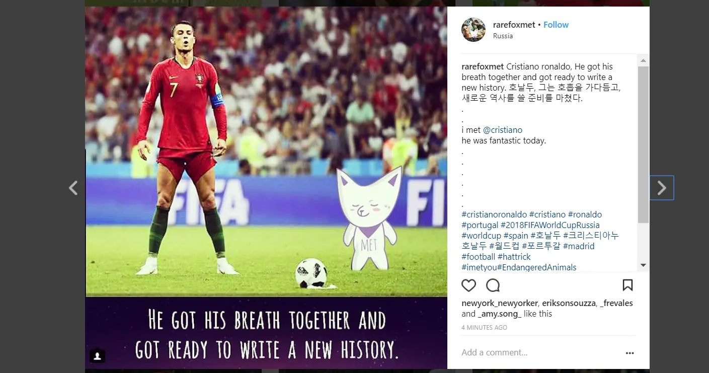 Meme Cristiano Ronaldo setelah cetak tiga gol dalam pertandingan Piala Dunia Portugal lawan Spanyol (Instagram @rarefoxmet)