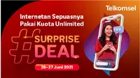 Telkomsel menggelar promosi kuota internet Suprise Deal Unlimited, menghadirkan kuota besar dengan harga lebih terjangkau, hanya pada 26-27 Juni 2021. (Foto: Telkomsel).
