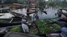 Laki-laki Kashmir menjual produk mereka di pasar sayuran terapung di Danau Dal, Srinagar, Kashmir yang dikuasai India, Kamis (7/4/2022). (AP Photo/Rajesh Kumar Singh)