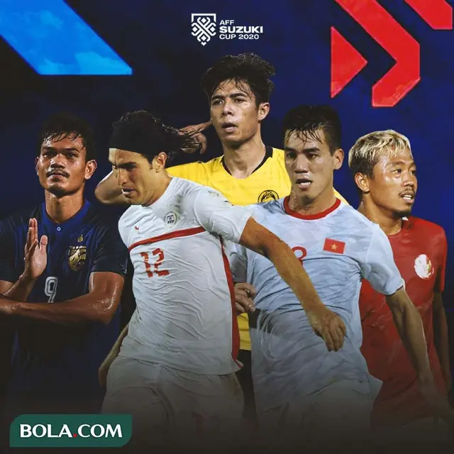 Piala AFF - Ilustrasi Adisak Kraisorn (Thailand), Angel Guirado (Filipina), Syafiq Ahmad (Malaysia), Nguyen Tien Linh (Vietnam), Kushedya Hari Yudo (Indonesia)
