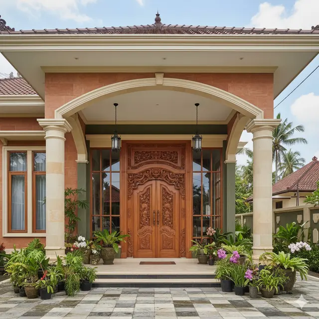 Teras Klasik dengan Pintu Kayu Megah