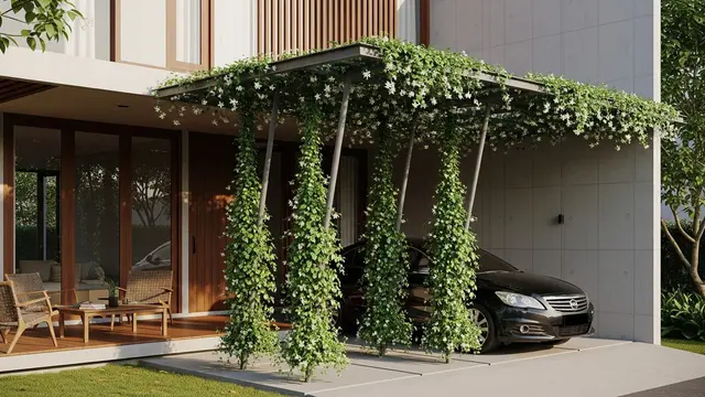 Desain Teras Sekaligus Carport dengan Tanaman Rambat
