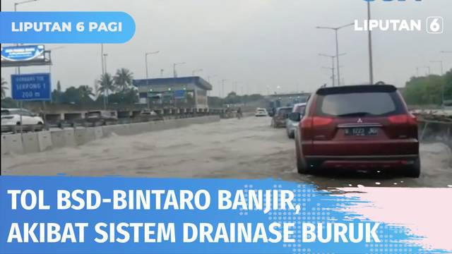 Jalan Tol BSD-Bintaro terendam banjir di Km 8 arah Jakarta. Para pengendara yang melintas terpaksa menurunkan laju kecepatannya. Diduga genangan air dipicu akibat buruknya sistem drainase.
