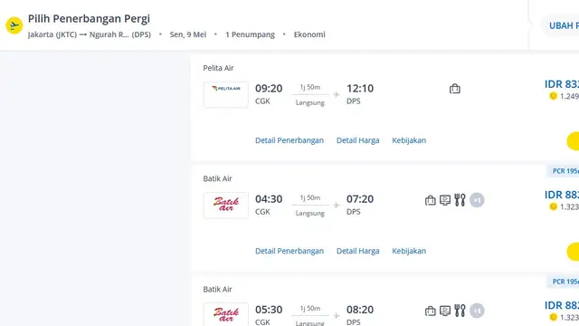 Tangkapan layar laman tiket.com berisi harga tiket maskapai Pelita Air.