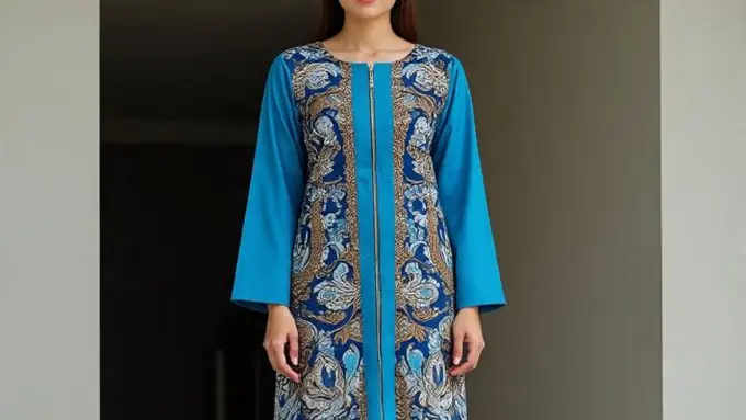 Model Tunik Batik Resleting Depan Kombinasi Lengan Panjang Polos