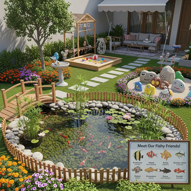 Taman Depan Rumah dengan Kolam Ikan Ramah Anak (Gemini AI)