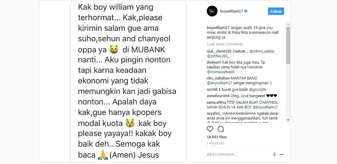 Boy William berikan tiket Music Bank miliknya ke seorang netizen.