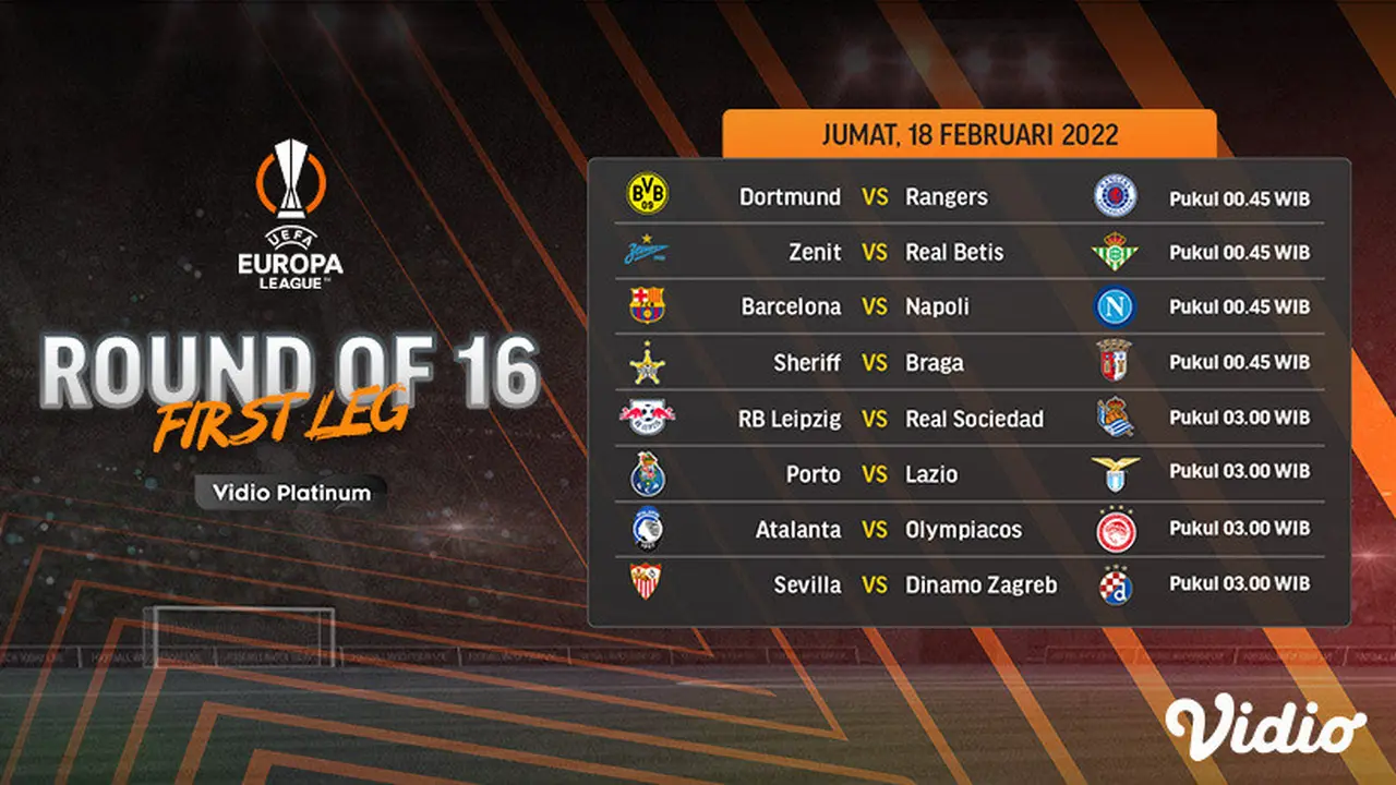 Link Live Streaming Liga Europa 2021/2022 Babak 16 Besar Leg Pertama di Vidio