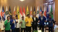 Delapan Ketua Umum dan pimpinan Partai politik parlemen berkumpul hari, Minggu (8/1/2023) untuk menyatakan sikap menolak sistem Proporsional Tertutup. (Liputan6.com/Delvira Hutabarat)