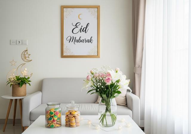 Tambahkan Dekorasi Tematik Lebaran/Ide Dekor Ruang Tamu Lebaran Minimalis di Rumah Kecil (Sumber: gemini.com)