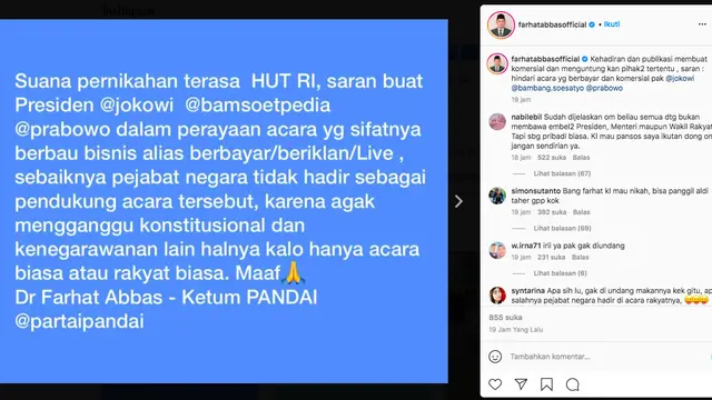 Kehadiran Presiden Jokowi di Pernikahan Atta Halilintar dan Aurel Hermansyah Dikritik Farhat Abbas