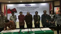 Bank Mandiri menggandeng Perum Jamkrindo untuk Penjaminan Kredit Konstruksi dan Pengadaan Barang dan Jasa, , Senin (16/4/2018). (Yayu/Merdeka.com)