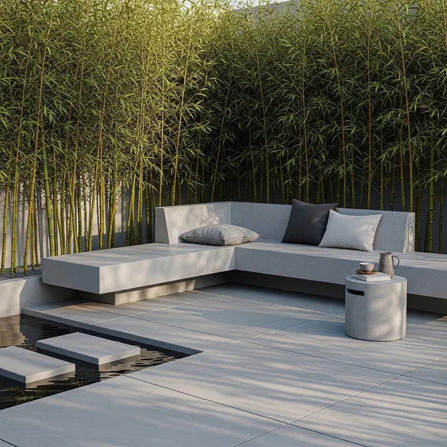 Teras Rumah dengan Bambu Jepang dan Bangku Cor (AI Generated)