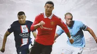 Ilustrasi - Kylian Mbappe, Cristiano Ronaldo, Erling Haaland (Bola.com/Adreanus Titus)
