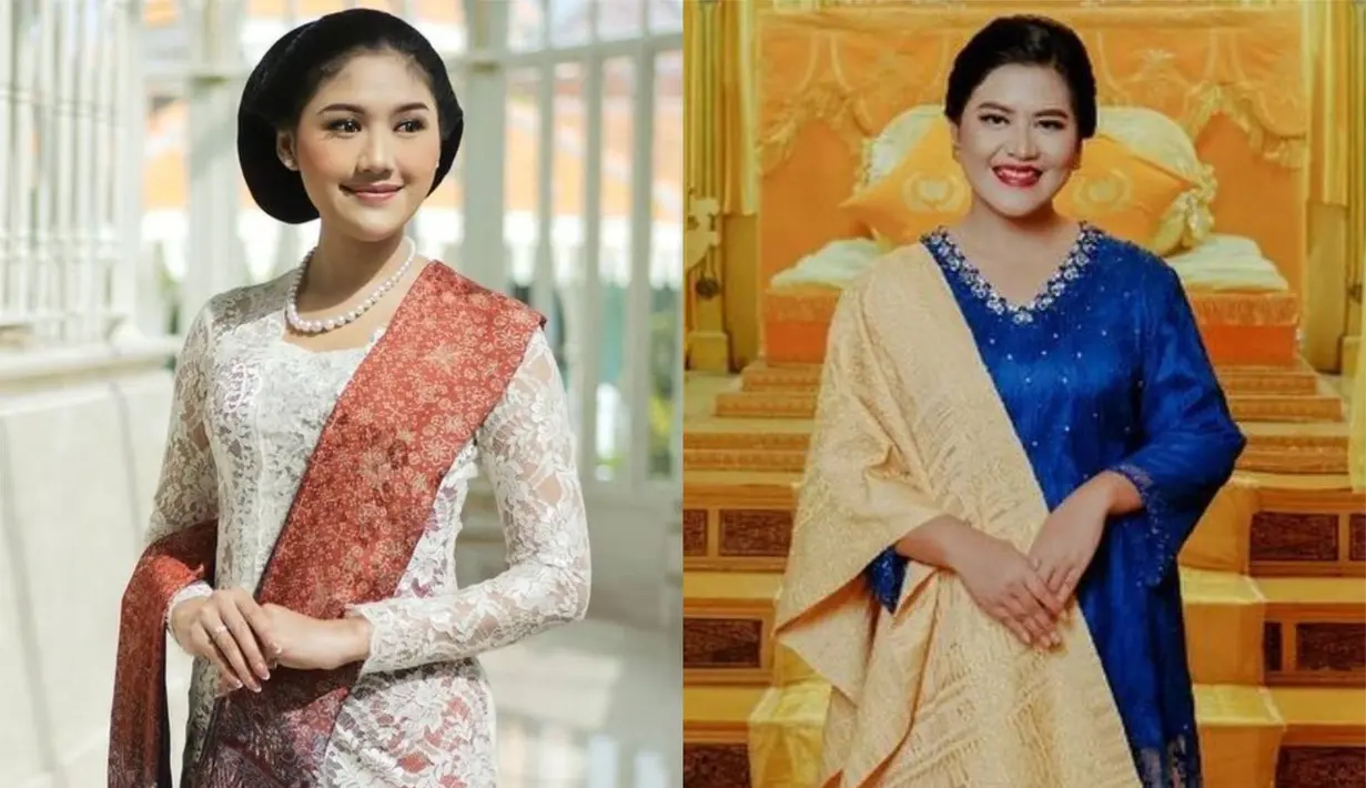 Kahiyang tampil ayu dengan kebaya biru dipadu dengan kain wastra kuning keemasan. Kain ini dijadikannya sebagai rok dan selendang yang kontras, namun serasi. Sedangkan Erina terlihat anggun mengenakan kebaya putih, dipadu dengan kain batik merah sebagai rok dan selendang. [Foto: Instagram/ayanggkahiyang/erinagudono]