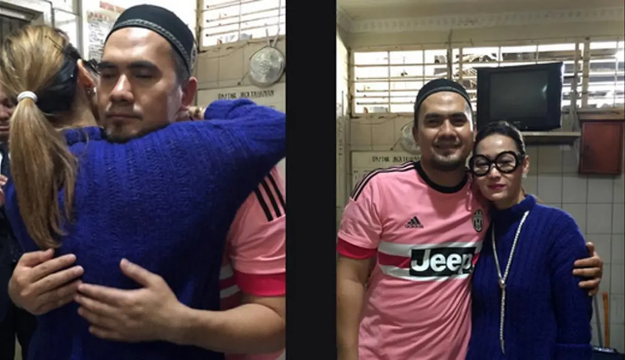 Terlihat Inul Daratista memeluk Saiful Jamil di Polsek Metro Kelapa Gading, Jakarta Utara, Senin (22/2). Sahabatnya itu datang dengan membawa makanan kesukaan Saipul Jamil. (Foto:Instagram/inul.d)