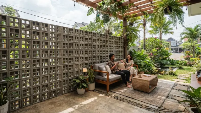 Outdoor Lounge Menggunakan Roster sebagai Dinding Privasi dengan Estetika Terbuka Tapi aman Model Beton Minimalis