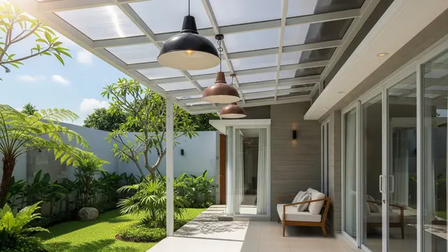 Kanopi Baja Ringan dengan Lampu Gantung Industrial