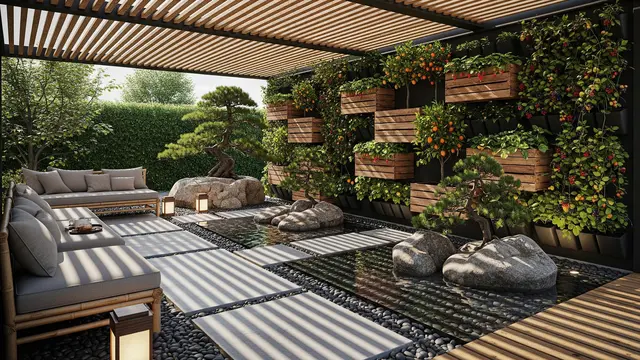 Desain Teras Semi Terbuka dengan Kebun Vertikal Tanaman Buah Kecil/Gemini AI