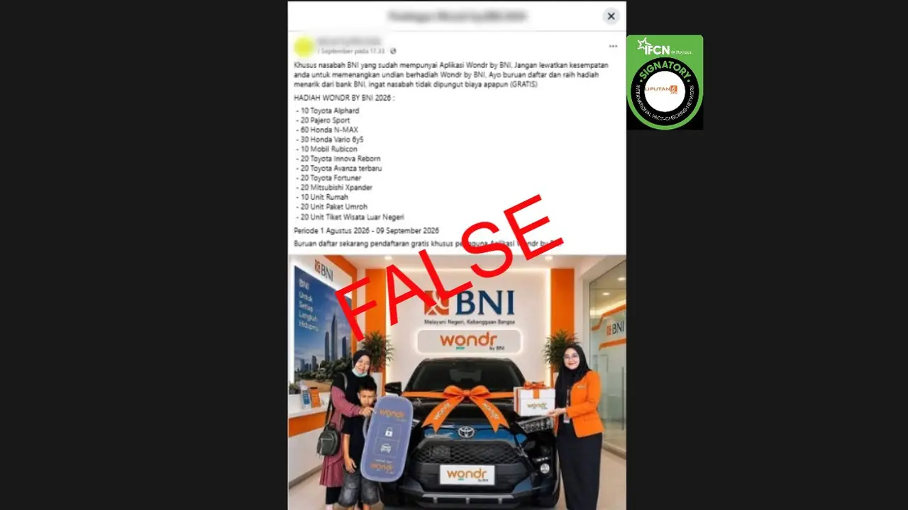 Cek Fakta Liputan6.com mendapati klaim link pendaftaran undian berhadiah Bank BNI 2026.