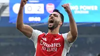 Mikel Merino mencetak dua gol saat Arsenal mengalahkan Leicester City dengan skor 2-0 pada lanjutan Liga Inggris 2024/2025. (JUSTIN TALLIS / AFP)
